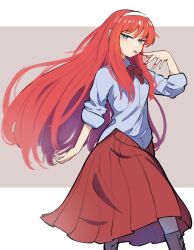 1girl absurdres blue_eyes blue_shirt commentary english_commentary floating_hair hairband highres long_hair looking_at_viewer neck_ribbon red_hair red_ribbon red_skirt ribbon shirt skirt sleeves_rolled_up solo tohno_akiha tongue tongue_out toono_akiha tsukihime vermillion_akiha vinsycal white_hairband
