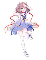 1girl absurdres antlers blue_eyes blush brown_hair hair_ornament highres horns indie_virtual_youtuber kano_(utaite) miyuacc one_eye_closed open_mouth red_ribbon ribbon school_uniform shoes short_hair smile star_ornament tassel thighhighs white_thighhighs yellow_ribbon