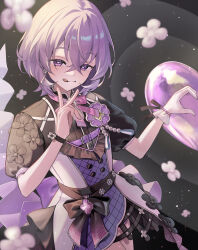 Rule 34 | 1boy, :p, absurdres, belt, black bow, bow, bracelet, brooch, closed mouth, ensemble stars!, hair between eyes, half-heart hands, hanamura fuyume, highres, jewelry, light particles, looking at viewer, male focus, medium hair, official alternate costume, puffy short sleeves, puffy sleeves, purple belt, purple eyes, purple hair, short sleeves, smile, solo, tongue, tongue out, v, yoshio tachi