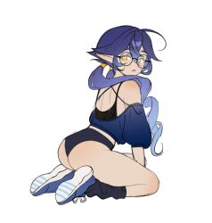 Rule 34 | 1girl, ass, bare shoulders, black-framed eyewear, black socks, blue hair, blue shoes, blush, commentary, from side, full body, genshin impact, glasses, hair between eyes, highres, layla (genshin impact), loemyn, long hair, looking at viewer, looking to the side, off shoulder, parted lips, pointy ears, round eyewear, seiza, shoes, simple background, sitting, socks, solo, symbol-only commentary, very long hair, white background, yellow eyes