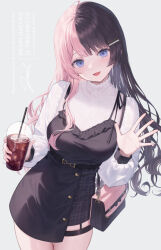 Rule 34 | 1girl, bag, belt, black belt, black dress, blush, bow, breasts, brown bag, brown bow, brown hair, cup, disposable cup, dress, fingernails, hair ornament, hairclip, handbag, highres, holding, holding cup, large breasts, long hair, long sleeves, looking at viewer, me meel, multicolored hair, nail polish, open mouth, pink bag, pink hair, pink nails, purple eyes, salute, see-through clothes, see-through shirt, shirt, signature, smile, solo, split-color hair, tachibana hinano, thigh strap, thighs, two-tone hair, virtual youtuber, vspo!, white shirt