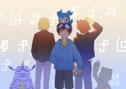3boys agumon ball black_jacket blonde_hair blue_hoodie brown_hair chibimon cowboy_shot digimoji digimon digimon_adventure_02 from_behind gabumon goggles goggles_on_head group_picture holding holding_ball hood hoodie ishida_yamato jacket limit_deji male_focus motomiya_daisuke multiple_boys shorts soccer_ball standing yagami_taichi