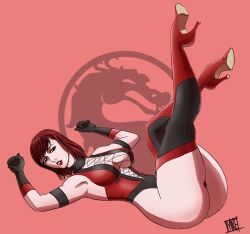 1girl ass breasts cleavage collant high_heels highres large_breasts legs_up looking_at_viewer mikebloodslaver mortal_kombat_(series) skarlet solo teaser