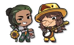 2girls :d ;) animal_hat bass_guitar belt biologist_(tower_defense_simulator) black_belt black_eyes black_gloves black_hair black_shoes black_sweater brown_hair bucket_hat canister chibi chibi_only closed_mouth collared_jacket commentary dark-skinned_female dark_skin dj_booth_(ducky)_(tower_defense_simulator) dj_booth_(tower_defense_simulator) drop_shadow duck_hat english_commentary fewer_digits fingerless_gloves flower freckles full_body gloves gradient_hair green_hair green_pants grey_jacket grin hair_between_eyes hair_bun hair_slicked_back hat highres holding holding_bass_guitar holding_instrument instrument jacket knee_pads leaf long_hair mouth_hold multicolored_hair multiple_girls official_alternate_costume one_eye_closed open_mouth overalls pants roblox ryoko6318 shoes short-sleeved_sweater short_hair short_sleeves side-by-side simple_background single_hair_bun smile standing sunflower sweater three-quarter_sleeves tower_defense_simulator_(roblox) turtleneck turtleneck_sweater two-tone_hair uneven_eyes white_background yellow_hat yellow_overalls