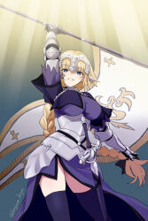 Rule 34 | 1girl, armor, armored dress, blonde hair, blue eyes, braid, braided ponytail, breasts, chain, collar, dress, fate/apocrypha, fate (series), faulds, flag, gauntlets, grin, headpiece, highres, jeanne d&#039;arc (fate), jeanne d&#039;arc (ruler) (fate), kiya hajime, large breasts, long hair, looking at viewer, luminosite eternelle, metal collar, plackart, polearm, purple dress, purple thighhighs, smile, solo, sword, sword of st. catherine (fate), thighhighs, thighs, very long hair, weapon