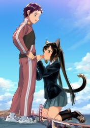 1boy 1girl absurdres animal_ears black_jacket black_socks blazer blue_sky bridge brown_shoes cat_ears cat_tail censored cloud collared_shirt commentary_request commission cum cum_in_mouth day fellatio giant giantess golden_gate_bridge grey_skirt grey_socks hetero highres jacket k-on! kneehighs kneeling loafers long_sleeves mosaic_censoring nakano_azusa oral outdoors pants penis penis_grab pleated_skirt red_jacket red_pants red_track_suit sakuragaoka_high_school_uniform san_francisco school_uniform shirt shoes skirt sky sneakers socks suspension_bridge tail tainaka_satoshi thighs track_jacket track_pants track_suit united_states water welt_(kinsei_koutenkyoku) white_shirt white_shoes winter_uniform