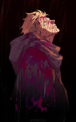 1boy aged_down aqua_eyes artist_name black_background blonde_hair blood blood_in_hair blood_on_clothes blood_on_face blood_splatter brown_cloak cloak colored_eyelashes firepok glaring head_back highres looking_at_viewer male_focus millions_knives open_mouth short_hair solo spiked_hair trigun trigun_stampede upper_body