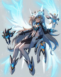 Rule 34 | 1girl, absurdres, black bodysuit, blue gemstone, blue wings, bodysuit, code: sariel (elsword), drone, elsword, energy wings, eve (elsword), full body, gem, grey hair, hair ornament, highres, kecilang buzhang, long hair, moby (elsword), orange eyes, remy (elsword), shoes, thighhighs, two-tone bodysuit, white bodysuit, white shoes, white thighhighs, wings