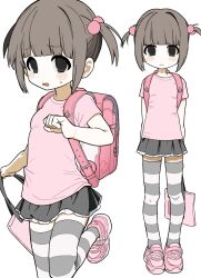 1girl arms_behind_back backpack bag blunt_bangs blush_stickers brown_eyes brown_hair child clenched_hand collared_shirt dot_nose expressionless frilled_skirt frills furrowed_brow grey_skirt grey_thighhighs hair_bobbles hair_ornament hand_up heisei_retro highres holding holding_bag jojifuku legs_apart looking_at_viewer medium_hair milk_(milk319319) miniskirt multiple_views no_nose no_pupils original parted_lips pink_bag pink_shirt pink_shoes randoseru shirt shoes short_sleeves simple_background skirt standing standing_on_one_leg straight-on striped_clothes striped_thighhighs sweatdrop t-shirt thighhighs two_side_up white_background zettai_ryouiki