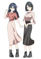 2girls alternate_costume bien_(djpwjd1) black_boots black_skirt blue_eyes blue_hair blunt_bangs blush bob_cut boots breasts brown_shirt casual closed_mouth full_body grey_shirt high-waist_skirt high_heel_boots high_heels highres large_breasts link!_like!_love_live! long_hair long_skirt looking_at_viewer love_live! medium_breasts momose_ginko multiple_girls murano_sayaka pink_skirt shirt simple_background skirt smile split_mouth standing swept_bangs virtual_youtuber wavy_hair white_background