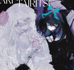 2girls akama_chlorine animal_ears arcaea black_hair blue_eyes bouquet bow cat_ears cat_girl character_request closed_mouth crossed_bangs dot_mouth dress expressionless flower grey_hair hair_between_eyes hair_bow hat hat_flower highres holding holding_bouquet holding_umbrella light_frown long_hair long_sleeves multiple_girls no_pupils pink_bow umbrella veil very_long_hair white_dress white_flower white_hair white_veil