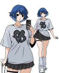 1girl arrow_(symbol) becauseimajinx black_eyes black_skirt blue_hair cellphone colored_inner_hair ear_piercing grey_leg_warmers highres leg_warmers looking_at_viewer multicolored_hair open_mouth original phone piercing shirt shoes short_hair simple_background skirt smartphone sneakers solo t-shirt white_background white_shirt white_shoes
