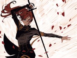 1girl black_gloves blue_eyes clair_obscur:_expedition_33 closed_mouth fingerless_gloves freckles frkdlsch_draws gloves holding holding_sword holding_weapon long_hair looking_at_viewer maelle_(clair_obscur:_expedition_33) ponytail rapier red_hair solo sword upper_body weapon