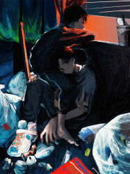 2boys 2ru4shi absurdres barefoot black_eyes black_hair cup_ramen highres lap_pillow looking_at_viewer looking_outside male_focus multiple_boys original pants shoes short_hair sneakers track_pants trash window_blinds