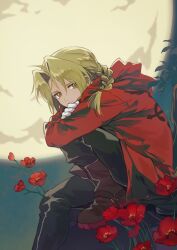 1boy black_pants blonde_hair boots braid brown_boots closed_mouth coat edward_elric flower fullmetal_alchemist gloves half-closed_eyes highres looking_at_viewer male_focus moon pants red_coat red_flower sitting solo white_gloves xue_ezi yellow_eyes