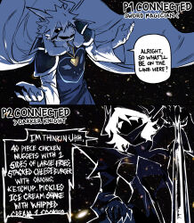 1boy 1girl alternate_form animal_ears armor asriel_dreemurr asriel_dreemurr_(god_of_hyperdeath) black_sclera cape colored_sclera december_holiday deltarune furry furry_male galaxy gameplay_mechanics goat_boy goat_ears goat_horns heart_pendant heartbreak_juan highres horns open_mouth pauldrons short_hair shoulder_armor sky speech_bubble star_(sky) starry_sky white_cape white_hair