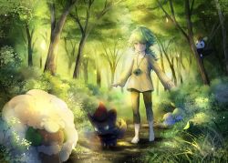 1boy aged_down barefoot bush capri_pants chain cottonee creatures_(company) dappled_sunlight eevee emolga forest game_freak gen_1_pokemon gen_5_pokemon grass green_eyes green_hair highres in_tree light_rays looking_at_viewer male_focus mio_(mio84214) mio_(pixiv6572033) n_(pokemon) nature nintendo outdoors pants path petilil plant pokemon pokemon_(creature) road smile sunbeam sunlight tree walking watermark whimsicott zorua