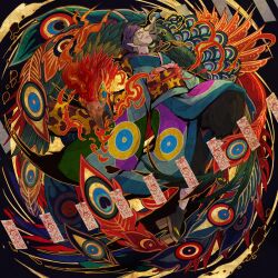 1boy aqua_kimono bird black_background black_pants black_socks blue_eyes blue_kimono brown_hair brown_sash facepaint fenghuang fire floating_hair floating_neckwear geta green_kimono grin hair_between_eyes highres japanese_clothes jewelry kimono knee_up kusuriuri_(gekijouban_mononoke) leg_wrap lipstick long_hair looking_at_another looking_to_the_side makeup male_focus mononoke multicolored_bird multicolored_kimono nanahara_shie necklace obi obiage obijime ofuda pants pointy_ears purple_bandana purple_kimono purple_lips sash sleeves_past_fingers sleeves_past_wrists smile socks yellow_kimono