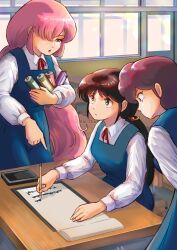 3girls artist_name black_hair blue_dress brown_eyes calligraphy_brush chair classroom closed_mouth collared_shirt commentary desk dress hair_over_one_eye holding holding_calligraphy_brush holding_paintbrush holding_scroll indoors kaede_(urusei_yatsura) kumade_(urusei_yatsura) leaning_forward long_hair looking_at_another low_ponytail miz_mus mukade_(urusei_yatsura) multiple_girls on_chair one_eye_covered open_mouth paintbrush pinafore_dress pink_eyes pink_hair pointing ponytail purple_hair school_uniform scroll shirt shirt_under_dress short_hair sitting sleeveless sleeveless_dress sliding_doors standing twitter_username urusei_yatsura very_long_hair white_shirt window writing
