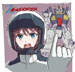 Rule 34 | 1girl, blue eyes, bodysuit, border, brown hair, commentary, copyright name, crossover, girls band cry, gloves, green eyes, gundam, gundam mk ii, hair between eyes, hand up, helmet, iseri nina, kin-san (sasuraiga), looking at viewer, mecha, mecha pilot suit, mobile suit, normal suit (gundam), open mouth, outside border, pilot helmet, pilot suit, pinky out, radio antenna, robot, science fiction, space helmet, spacesuit, symbol-only commentary, teeth, tongue, v-fin, v-shaped eyebrows, white bodysuit, white border, white gloves, zeta gundam