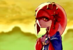 1girl blue_gemstone blurry blurry_background colored_skin fins fish_girl gem happy head_fins jewelry narisokonai nintendo tagme the_legend_of_zelda the_legend_of_zelda:_breath_of_the_wild