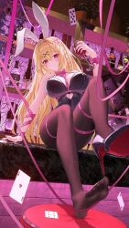 1girl ace_(playing_card) ace_of_clubs ace_of_diamonds ace_of_hearts alcohol animal_ear_hairband animal_ears arm_support bar_(place) bar_stool bare_shoulders between_breasts black_leotard black_pantyhose blonde_hair blush bottle bow bowtie bracelet breasts card character_request chinese_commentary closed_mouth clothing_cutout club_(shape) commentary_request cup cutout_above_navel detached_collar diamond_(shape) drinking_glass dutch_angle fake_animal_ears feet fishnet_pantyhose fishnets flower hair_between_eyes hair_bun hair_flower hair_ornament hairband hand_up heart heart_cutout high_heels highres holding holding_cup indie_virtual_youtuber indoors jewelry large_breasts legs leotard light_particles long_hair longyu_(17767756) looking_at_viewer nail_polish on_table pantyhose pink_bow pink_bowtie pink_nails pink_ribbon plant playboy_bunny playing_card potted_plant rabbit_ears red_wine ribbon shoes single_hair_bun single_shoe sitting smile soles solo stool table thighs toes very_long_hair virtual_youtuber wine wine_bottle wine_glass wrist_cuffs x_hair_ornament
