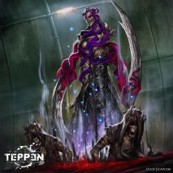 arm_blade aura blood capcom crown crown_of_thorns demon devil_may_cry_(series) devil_may_cry_5 energy eye_socket glowing hell_caina hell_judecca highres horror_(theme) jun_ishimaru monster monster_focus no_humans official_art scythe skeleton smoke steam teeth tentacles teppen thorns tunnel weapon