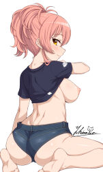 1girl ass backboob barefoot black_shirt blue_shorts breasts closed_mouth clothes_lift commentary_request dimples_of_venus feet highres idolmaster idolmaster_cinderella_girls jougasaki_mika large_breasts lifting_own_clothes long_hair looking_back median_furrow nipples orange_eyes pink_hair ponytail shirt shirt_lift short_sleeves shorts signature simple_background sitting smile soles solo thighs toes wariza white_background yukimasa_(nkk145)