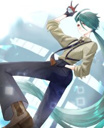 Rule 34 | 1girl, absurdres, ahoge, androgynous, ass, asymmetrical bangs, black gloves, black necktie, black pants, bright pupils, closed mouth, collared shirt, earrings, gloves, green hair, hand in pocket, hand up, highres, holding, holding poke ball, jewelry, leg up, long hair, low ponytail, marushi (marusiiiil), necktie, nintendo, pants, poke ball, poke ball (basic), pokemon, pokemon sv, ponytail, red eyes, reverse trap, rika (pokemon), shirt, smile, solo, suspenders, triangle earrings, v, white pupils