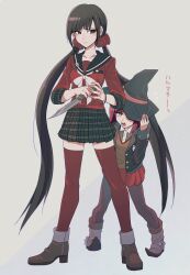 2girls black_jacket black_pantyhose black_sailor_collar blunt_bangs blush bow bowtie brown_hair brown_vest collared_jacket collared_shirt commentary_request danganronpa_(series) danganronpa_v3:_killing_harmony eyelashes full_body grey_hair hair_ornament hair_scrunchie harukawa_maki hat hat_belt height_difference hiding hiding_behind_another holding holding_knife jacket knife legs_apart long_hair long_sleeves low_twintails mole mole_under_eye multiple_girls pantyhose pleated_skirt red_eyes red_hair red_scrunchie red_shirt red_skirt red_thighhighs sailor_collar school_uniform scrunchie shirt short_hair simple_background skirt standing sumomoi_(dvcat) sweatdrop thighhighs twintails very_long_hair vest white_bow white_bowtie witch_hat yumeno_himiko
