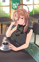 Rule 34 | 1girl, absurdres, alternate costume, arm support, azur lane, black shirt, blush, box, breasts, brown hair, cafe, chair, closed mouth, duca degli abruzzi (azur lane), erushira, green skirt, halo, high-waist skirt, highres, indoors, large breasts, long hair, looking at viewer, red eyes, red nails, revision, sardegna empire (emblem), shirt, shirt tucked in, sidelocks, simple background, sitting, skirt, sleeveless, sleeveless shirt, smile, solo, steam, table, upper body