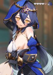 1girl absurdres armpit_crease bags_under_eyes bare_shoulders black_gloves blue_hair blue_hood blue_sleeves blurry blurry_background blush breasts bright_pupils circlet claw_ring commentary_request detached_sleeves drill_hair drill_sidelocks genshin_impact gloves gold_choker gold_trim grabbing_own_breast highres holding holding_paper hood hood_up itohana jewelry layla_(genshin_impact) medium_breasts neck_ring paper pointy_ears puffy_detached_sleeves puffy_sleeves shirt sideboob sidelocks sleeveless sleeveless_shirt sweat sweatdrop twin_drills white_pupils white_shirt yellow_eyes