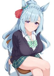 1girl animal_ears black_sweater blue_hair blue_nails blue_sweater bow braid breasts chair cleavage closed_mouth collared_shirt commentary crossed_legs crown_braid ear_ornament green_bow green_skirt gyaru highres horse_ears horse_girl horse_tail large_breasts long_hair mejiro_ardan_(umamusume) nail_polish official_alternate_costume plaid_clothes plaid_skirt ponytail purple_eyes school_chair school_uniform shadow shirt sidelocks simple_background sitting skirt smile solo striped_bow sweater tail thighs tsubame_tien umamusume very_long_hair white_background white_shirt wooden_chair