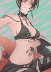 bare_shoulders bell bikini black_bikini black_choker black_hair black_jacket black_nails bracelet breast_tattoo breasts chain chest_tattoo choker commentary_request cross cross_earrings crow_(nikke) earrings fishnet_pantyhose fishnets goddess_of_victory:_nikke green_eyes hand_on_own_stomach highres jacket jewelry looking_at_viewer medium_breasts mero_(ilsttkgbz11) multicolored_hair multiple_rings neck_bell no_pupils open_clothes pantyhose pendant pleated_skirt red_hair ring short_hair shoulder_tattoo sitting skirt solo studded_bikini swimsuit tattoo