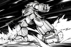 armored_trooper clenched_hand commentary_request fighting_stance greyscale gun highres holding holding_gun holding_weapon kato_takuji looking_to_the_side mecha mecha_focus monochrome no_humans radio_antenna robot science_fiction scopedog solo soukou_kihei_votoms weapon