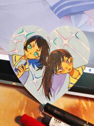 Rule 34 | 2girls, absurdres, art tools in frame, bang dream!, bang dream! it&#039;s mygo!!!!!, black hair, blue eyes, blush, chinese commentary, commentary request, cx6lc0, drinking straw, drinking straw in mouth, hanasakigawa school uniform, highres, long hair, looking at viewer, medium hair, mole, mole under eye, multiple girls, open mouth, purple eyes, school uniform, serafuku, shiina taki, traditional media, yahata umiri
