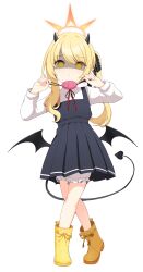 Rule 34 | 1girl, absurdres, black dress, black horns, black ribbon, blonde hair, bloomers, blue archive, boots, collared shirt, commentary request, crime prevention buzzer, crime prevention buzzer threat, demon horns, demon tail, demon wings, dress, empty eyes, full body, hair ribbon, halo, hands up, highres, holding, horns, ibuki (blue archive), korean commentary, long hair, long sleeves, looking at viewer, neck ribbon, no pupils, orange halo, parted lips, partial commentary, pointy ears, poorunii, red ribbon, ribbon, shaded face, shirt, shukusei!! loli-kami requiem, side ponytail, sidelocks, simple background, solo, standing, tail, transparent background, underwear, white bloomers, white shirt, wings, yellow boots, yellow eyes