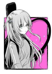1girl bocchi_the_rock! closed_mouth commentary_request gotoh_hitori greyscale_with_colored_background guitar_case instrument_case jacket long_hair long_sleeves looking_at_viewer mi_oxo_9m monochrome one_side_up side_ahoge solo star_(symbol) track_jacket upper_body