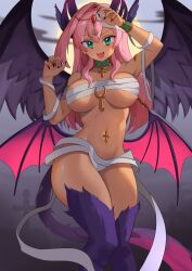 1girl ancient_egyptian aoshiseven armband bandages bare_shoulders belly_piercing breasts chain cross curvy detached_collar dragon_girl dragon_horns dragon_tail eye_of_horus eye_tattoo fangs feathered_wings feathers female_focus fingernails functionally_nude gold grave graveyard green_eyes hands_up horns indie_virtual_youtuber large_breasts looking_at_viewer monster_girl multiple_wings naked_bandage pink_hair purple_fur sharp_fingernails smile solo tail tattoo teeth trickywi upper_teeth_only usekh_collar virtual_youtuber wings