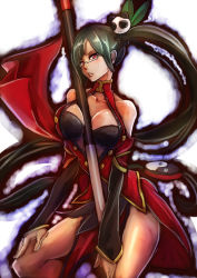 1girl arc_system_works bare_shoulders between_breasts black_hair blazblue bra breasts cleavage detached_sleeves glasses lao_jiu large_breasts litchi_faye_ling long_hair panda sowel_(sk3) staff underwear very_long_hair white_background