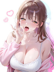 1girl absurdres blush breasts brown_eyes brown_hair cleavage collarbone commentary_request fellatio_gesture hand_up heart highres indie_virtual_youtuber large_breasts long_hair long_sleeves looking_at_viewer off_shoulder open_mouth sakurane_non simple_background studiopokotan tongue tongue_out upper_body white_background
