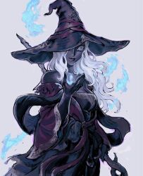 1girl bare_shoulders black_dress black_hat breasts cleavage closed_mouth dress elden_ring elden_ring_nightreign grey_eyes hat highres holding holding_staff large_breasts long_hair long_sleeves lotus_eater_(flower_devourer) magic recluse_(elden_ring) simple_background smile solo staff white_background white_hair witch_hat