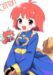 absurdres blue_robe blush bob_cut broom broom_riding chest_jewel chibi cotton_(character) cotton_(game) fairy fairy_wings floating_hair happy highres holding holding_broom nail_polish open_mouth pong2 red_eyes red_hair robe short_hair silk_(cotton) wings witch