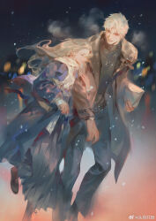 Rule 34 | 1boy, 1girl, belt, black belt, black coat, black pants, black skirt, black sweater, blonde hair, brown coat, coat, endofthepage, feet out of frame, hetero, highres, holding hands, jewelry, leather belt, long hair, long skirt, long sleeves, looking at another, love and deepspace, necklace, open mouth, pants, parted bangs, protagonist (love and deepspace), red eyes, scarf, short hair, skirt, sweater, sylus (love and deepspace), teeth, watch, white hair, white scarf, white sweater, yellow eyes