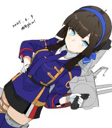 1girl absurdres adapted_turret bigkwl black_gloves black_skirt blue_hairband blue_ribbon blue_thighhighs breasts brown_hair dated freckles gloves green_eyes hair_ribbon hairband highres holding holding_turret jacket kantai_collection long_hair looking_at_viewer machinery mogador_(kancolle) mogador_kai_(kancolle) necktie purple_necktie ribbon sidelocks skirt solo thighhighs turret twitter_username two-tone_legwear white_background