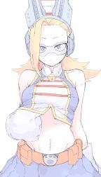 absurdres animal_ears animal_hands blonde_hair blue_eyes blue_skirt boku_no_hero_academia breasts brown_eyes cat_paws closed_mouth commentary crop_top cropped_shirt facial_mark gloves headgear highres large_breasts long_hair looking_at_viewer mocamocaink navel paw_gloves pixie-bob_(boku_no_hero_academia) short_hair skirt