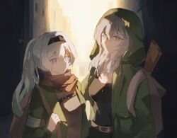 2girls backpack bag belt black_hairband black_tank_top blue_pupils breasts brown_bag brown_belt closed_mouth firefly_(honkai:_star_rail) gradient_hair green_jacket grey_hair hair_between_eyes hair_intakes hairband highres holding_strap honkai:_star_rail honkai_(series) hood hooded_jacket jacket long_hair medium_breasts minutes_(minutes_draw) multicolored_eyes multicolored_hair multiple_girls ponytail stelle_(honkai:_star_rail) tank_top trailblazer_(honkai:_star_rail) two-tone_eyes