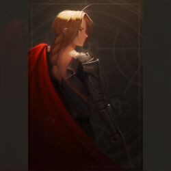 1boy absurdres blonde_hair border braid braided_ponytail cloak closed_mouth commentary cowboy_shot edward_elric english_commentary from_behind fullmetal_alchemist grey_background grey_border highres long_hair looking_to_the_side male_focus mechanical_arms numanoan profile prosthesis prosthetic_arm red_cloak solo yellow_eyes