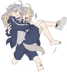 2girls blonde_hair carrying carrying_person closed_eyes dayama green_eyes grey_hair highres kaburaki_roco multicolored_hair multiple_girls nijisanji open_mouth running shioriha_ruri simple_background single_bare_foot smile tail teeth two-tone_hair upper_teeth_only virtual_youtuber white_background