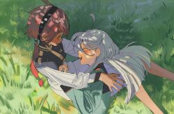 2girls ahoge asticassia_school_uniform black_hair blush bub_bub20 closed_eyes commentary_request day grass green_jacket gundam gundam_suisei_no_majo jacket korean_commentary lap_pillow laughing long_hair miorine_rembran multiple_girls on_grass open_mouth outdoors red_hair school_uniform shorts smile suletta_mercury thick_eyebrows white_hair white_jacket white_shorts yuri
